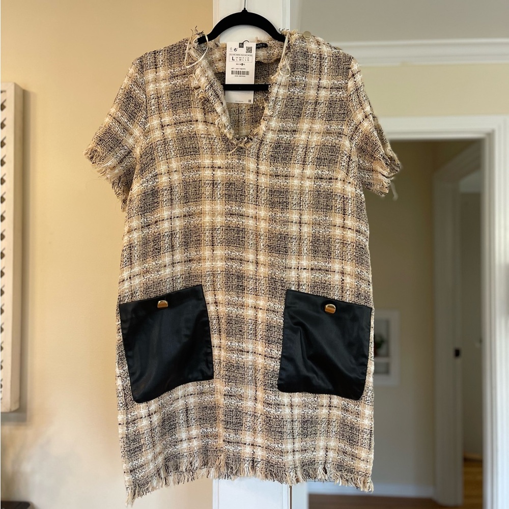 Zara Tweed Plaid Shift Dress – NWT – Size Large – Faux Leather Pockets